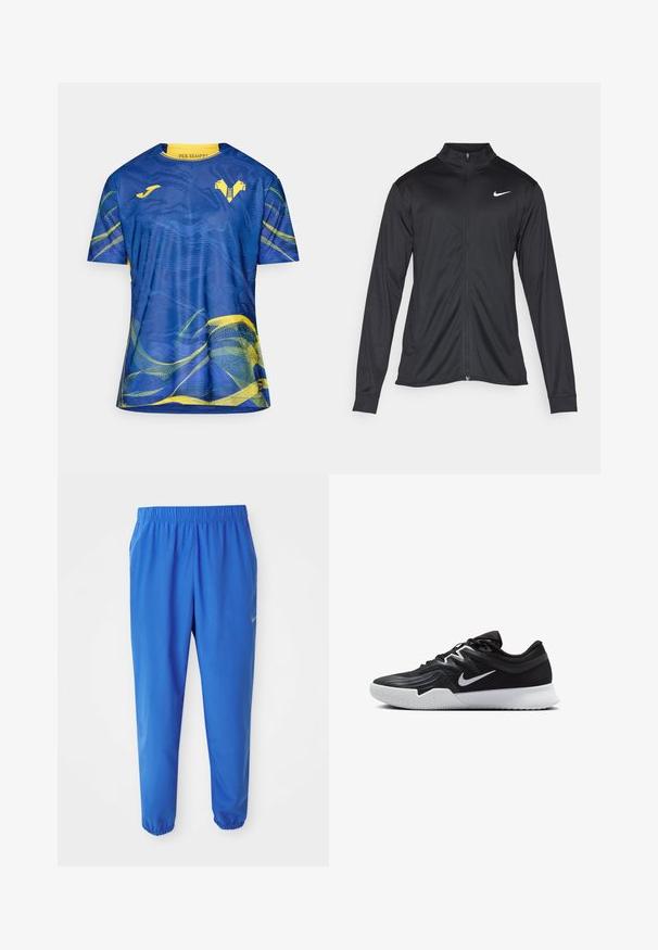 Černá sportovní bunda s dlouhými rukávy, límcem a plným zipem. Má decentní bílou logo značky Nike na horní levé části hrudi. Hladká textura.; Modrý sportovní dres s vlnovým vzorem v žlutých a zelených akcentéch. Vyrobený z lehkého materiálu, s kulatým výstřihem a krátkými rukávy.; Modré sportovní kalhoty s elastickým páskem, rovně střiženými nohavicemi a zúženými manžetami. Na levé straně se nachází zlaté logo Nike.; Černá atletická bota s texturovaným svrškem, bílým logem Nike a bílou gumovou podrážkou. Disponuje šněrovacím designem a dynamickým tvarem.