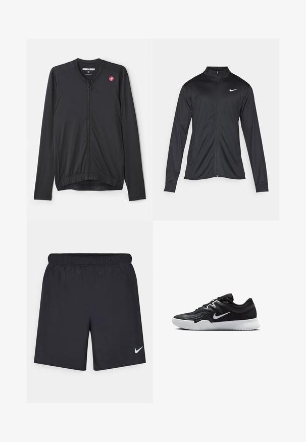 Čierna športová bunda s dlhými rukávmi, golierom a plným zipsom. Obsahuje nenápadné logo Nike v bielej farbe na hornej ľavej hrudi. Hladká textúra.; Čierna cyklistická bunda s dlhými rukávmi, zipsom vpredu a elastickým lemom. Vyrobená z ľahkej, elastickej látky s logom na hrudi.; Čierne atletické šortky z ľahkého materiálu s elastickým pásom. Na dolnej ľavej strane majú malé biele logo Nike.; Čierna športová topánka s textúrovaným zvrškom, bielym logom Nike a bielou gumovou podrážkou. Má šnurovací dizajn a dynamický tvar.
