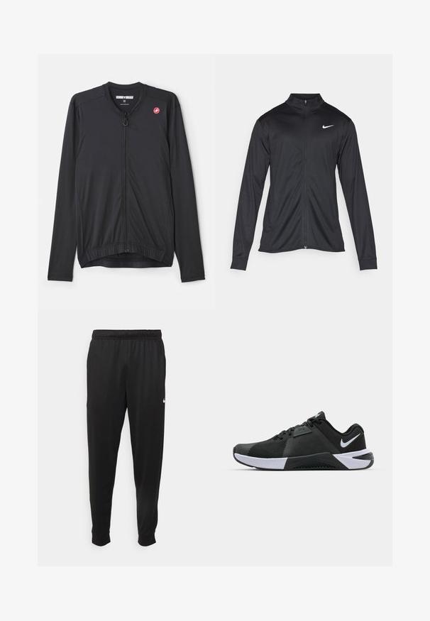 Jacket desportivo preto com mangas longas, colarinho e fecho zip completo. Apresenta um discreto logotipo da Nike em branco na parte superior do lado esquerdo do peito. Textura suave.; Jacket de ciclismo preto com mangas longas, fecho frontal com zíper e bainha elástica. Feito de um tecido leve e elástico com um logótipo no peito.; Calças de desporto pretas feitas de tecido suave, com uma cintura elástica, pernas ajustadas e um pequeno logo branco no lado esquerdo.; Nike Performance METCON 10 - Sapatilha de treino - black/white/anthracite