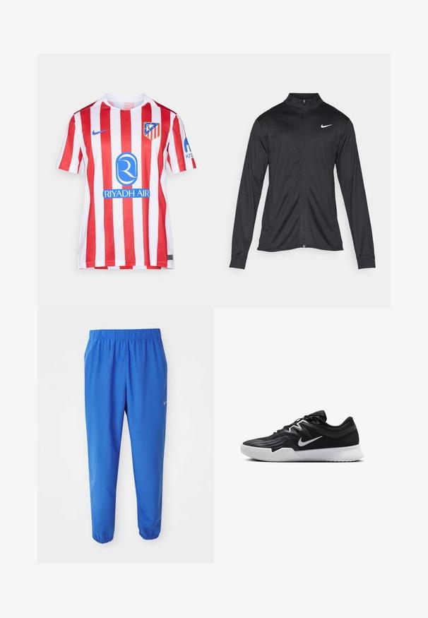 Melna sporta jaka ar garām piedurknēm, apkakli un pilnu rāvējslēdzēju. Uz kreisā krūts augšdaļas ir maigs Nike logo baltā krāsā. Gluda tekstūra.; Sarkans un balts svītrains futbola krekls ar apaļu apkakli, Nike logotipu un zilu sponsora logotipu. Iekļauts emblēma kreisajā krūtī.; Zili zili svārki ar elastīgu jostasvietu, taisnas kāju dizainu un sašaurinātām piedurknēm. Ar Nike zīmolu zeltā kreisajā pusē.; Melni sporta apavi ar teksturētu virsu, balto Nike zulumu un balto gumijas zoli. Iezīmējas ar auklu pievilkšanas dizainu un dinamisku formu.