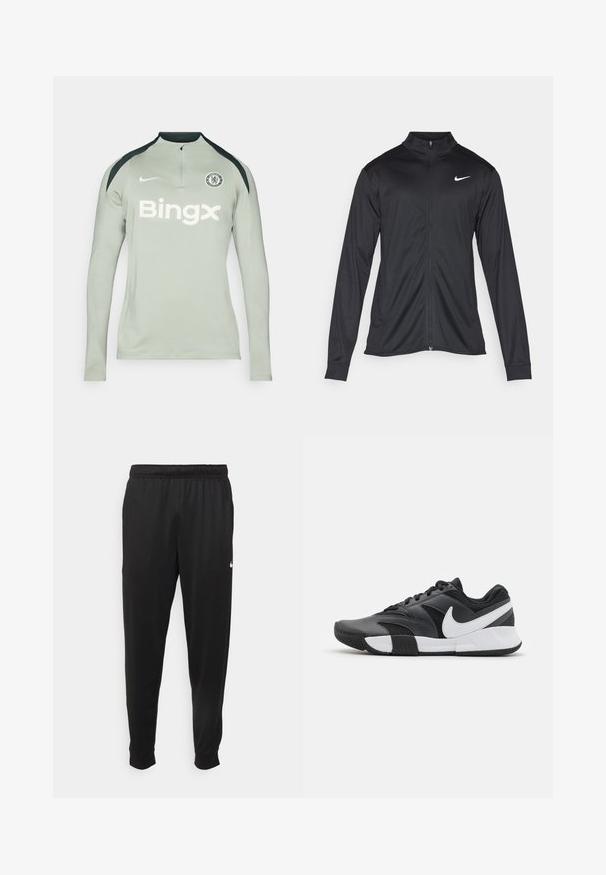 Black athletic jacket with long sleeves, collar, and full zipper. Features a subtle Nike logo in white on the upper left chest. Smooth texture.; Long-sleeve, light grey athletic shirt with black shoulder accents, zip collar, Nike logo, and 'Bingx' text on the front. Chelsea FC badge present.; Black athletic pants made of smooth fabric, featuring an elastic waistband, tapered legs, and a small white logo on the left side.; Black athletic shoes with synthetic and mesh materials, featuring a white Nike logo, a textured toe cap, and a rubber sole for traction.