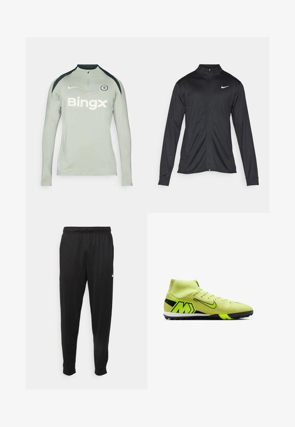 Jacket desportivo preto com mangas longas, colarinho e fecho zip completo. Apresenta um discreto logotipo da Nike em branco na parte superior do lado esquerdo do peito. Textura suave.; Camisa desportiva de manga longa, cinza claro, com detalhes pretos nos ombros, gola com fecho, logótipo da Nike e texto 'Bingx' na frente. Emblema do Chelsea FC presente.; Calças de desporto pretas feitas de tecido suave, com uma cintura elástica, pernas ajustadas e um pequeno logo branco no lado esquerdo.; Botas de futebol amarelas brilhantes com um design de cano alto. Apresentam detalhes em preto, uma superfície texturizada e uma sola de borracha preta com cravos de tração.
