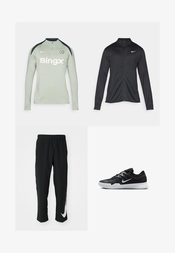 Must värvi sportlik jakk pikkade varrukatega, krae ja täispikk tõmblukk. Ülemises vasakus rinnas on diskreetne valge Nike logo. Sile tekstuur.; Pikad varrukad, heledast hallist sportlikust särgist mustade õlavarre aktsentidega, tõmblukuga krae, Nike logo ja 'Bingx' tekst ees. Chelsea FC embleem kohal.; Mustad mustad sportlikud püksid elastse vöökohtadega, kitseneva disainiga, millel on vasakul jalal suur valge Nike logo. Pehme, kerge kangas.; Must mustad jalanikesad rikaste ülaservaga, valge Nike swoosh'i ja valge kummist välispõhjaga. Omab paeltega sulgemisdetaili ja dünaamilist kuju.
