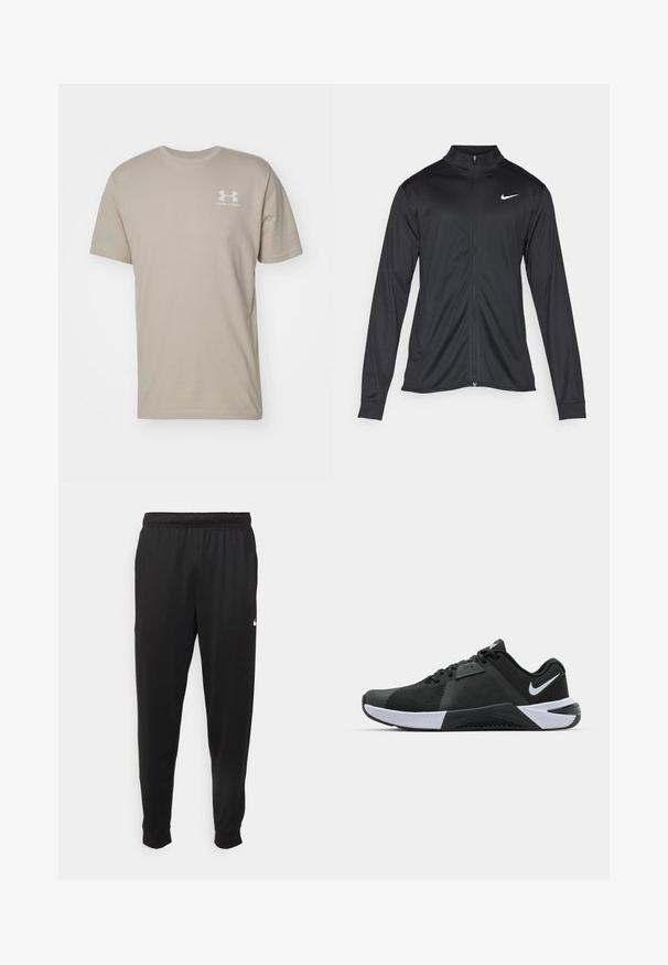 Jacket desportivo preto com mangas longas, colarinho e fecho zip completo. Apresenta um discreto logotipo da Nike em branco na parte superior do lado esquerdo do peito. Textura suave.; T-shirt de algodão bege com mangas curtas, gola redonda e um logo branco da Under Armour impresso no peito. Textura suave, design casual.; Calças de desporto pretas feitas de tecido suave, com uma cintura elástica, pernas ajustadas e um pequeno logo branco no lado esquerdo.; Nike Performance METCON 10 - Sapatilha de treino - black/white/anthracite