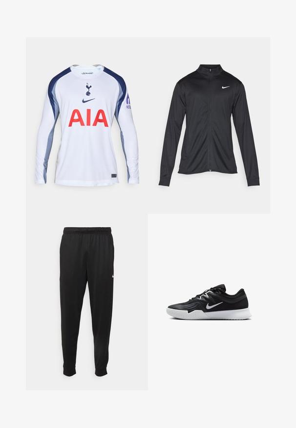Black athletic jacket with long sleeves, collar, and full zipper. Features a subtle Nike logo in white on the upper left chest. Smooth texture.; White long-sleeve football jersey with navy blue accents, featuring the Tottenham Hotspur logo and "AIA" in red across the front.; Black athletic pants made of smooth fabric, featuring an elastic waistband, tapered legs, and a small white logo on the left side.; Black athletic shoe with a textured upper, white Nike swoosh, and a white rubber outsole. Features a lace-up design and dynamic shape.