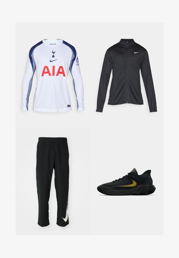 Musta urheilutakki pitkillä hihoilla, kauluksella ja kokonaisella vetoketjulla. Täydentää hienovarainen Nike-logo valkoisena vasemmassa ylärinnassa. Litteä pinta.; Valkoinen pitkähihaisella jalkapallopaidalla, jossa on tummansiniset yksityiskohdat. Paidassa on Tottenham Hotspur -logo ja "AIA" punaisena edessä.; Mustat urheiluhousut, joissa on joustava vyötärö, kapeneva muotoilu ja suuri valkoinen Nike-logo vasemmassa lahkeessa. Pehmeä, kevyt kangas.; Musta ja tummanharmaa urheilukenkä mustilla nauhoilla ja kultaisella swoosh-logolla, jossa on aaltoileva pohjakuvio ja pehmustettu kantapään kaulus.