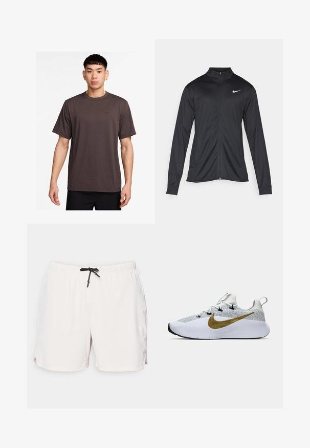 Jachetă sportivă neagră cu mâneci lungi, guler și fermoar complet. Prezintă un logo Nike subtil, alb, pe pieptul din stânga sus. Textură netedă.; Tricou scurt cu mânecă, de culoare maro închis, cu decolteu rotund și logo-ul Nike negru pe piept. Material ușor, cu o textură netedă.; Pantaloni scurți atletici de culoare bej deschis, dintr-un material texturat, cu talie elastică și detalii cu șnur negru. Include buzunare laterale cu deschidere.; Pantofii de sport albi și gri, cu o parte superioară texturată, un logo mare Nike de culoare aurie pe lateral, perforații negre, talpă albă și un mâner la călcâi.