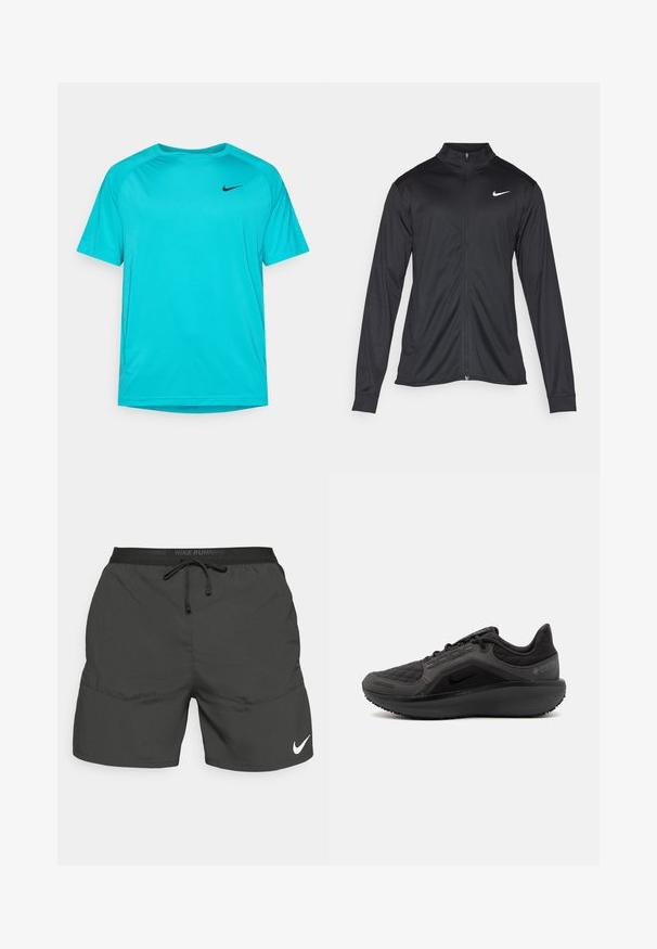 Chaqueta atlética negra con mangas largas, collar y cremallera completa. Presenta un sutil logo de Nike en blanco en la parte superior izquierda del pecho. Textura suave.; Camiseta atlética de manga corta en color turquesa, fabricada con un tejido ligero, con un escote redondo y un logo negro de Nike en el lado izquierdo del pecho.; Pantalones cortos de correr negros con cinturilla elástica, cordón, bolsillos laterales y un logotipo de Nike en blanco en la parte inferior de la pierna izquierda.; Zapatilla deportiva negra con una parte superior acolchada texturizada, diseño elegante y suela de goma negra. Presenta un logo visible y la marca Gore-Tex.