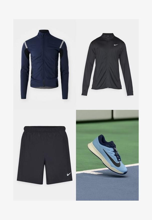 Črna atletska jakna z dolgimi rokavi, ovratnikom in polnim zadrgo. Vključuje diskreten bel Nike logotip na zgornjem levem delu prsnega koša. Gladka tekstura.; Moška temno modra kolesarska jakna z dolgimi rokavi, visokim ovratnikom, zadrgo na sprednji strani in odsevnimi detajli na ramenih in rokavih. Mehak, strukturen material.; Črne atletske kratke hlače iz lahkotnega materiala z elastičnim pasom. Imajo majhen bel Nike logo na spodnji levi strani.; Svetlo modra športna čevlja z mornarsko modrimi poudarki, teksturirano mrežasto zgornjo plastjo in črnim logotipom Swoosh. Imajo oblazinjen srednji del in gumijast podplat.