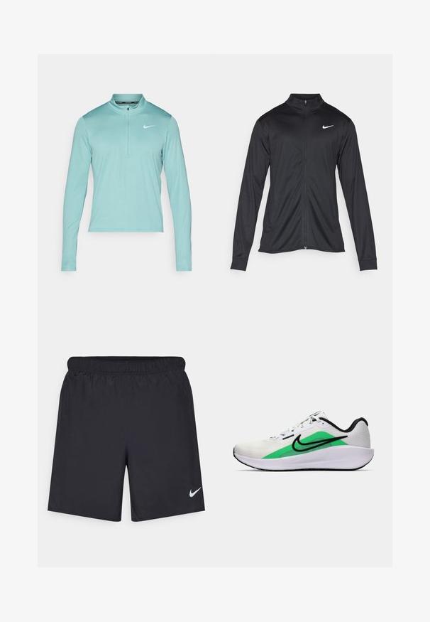 Schwarze Sportjacke mit langen Ärmeln, Kragen und voller Reißverschluss. Verfügt über ein dezentes Nike-Logo in Weiß auf der oberen linken Brust. Glatte Textur.; Helles Teal langärmliges Sportoberteil mit einem Halb-Zip-Kragen und dem weißen Nike-Logo auf der linken Brust. Glattes, dehnbares Material.; Schwarze sportliche Shorts aus leichtem Material mit einem elastischen Bund. Auf der unteren linken Seite befindet sich ein kleines weißes Nike-Logo.; Weißer Sportschuh mit grünem Akzent, schwarzem Logo, oberer Schicht aus Netzmaterial, gepolsterter Sohle und abgerundetem Absatz. Verfügt über Schnürsenkel und kontrastierende Details.