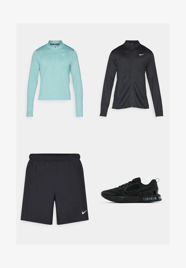 Schwarze Sportjacke mit langen Ärmeln, Kragen und voller Reißverschluss. Verfügt über ein dezentes Nike-Logo in Weiß auf der oberen linken Brust. Glatte Textur.; Helles Teal langärmliges Sportoberteil mit einem Halb-Zip-Kragen und dem weißen Nike-Logo auf der linken Brust. Glattes, dehnbares Material.; Schwarze sportliche Shorts aus leichtem Material mit einem elastischen Bund. Auf der unteren linken Seite befindet sich ein kleines weißes Nike-Logo.; Schwarze Nike-Sneaker mit einem Mesh-Obermaterial, einer strukturierten Sohle und einer sichtbaren Air-Einheit in der Ferse. Akzente und Logo in einem dunkleren Schwarzton.