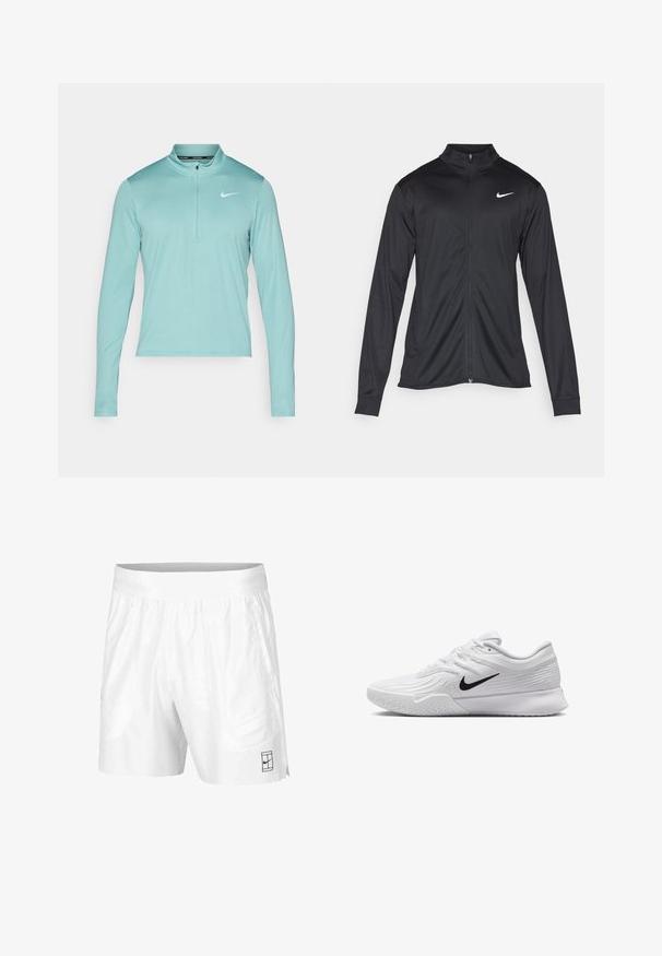 Juodas sportinis švarkas su ilgomis rankovėmis, apykakle ir pilnu užtrauktuku. Yra subtilus baltas Nike logotipas kairėje krūtinės pusėje. Lygus tekstūra.; Šviesiai žalias ilgomis rankovėmis sportinis marškinėlis su pusiau užtraukiama kraitele ir balta Nike logo kairėje krūtinės pusėje. Lygus, elastingas audinys.; Balti sportiniai šortai, pagaminti iš lengvos medžiagos, su elastinga juosta, su dviem šoninėmis kišenėmis ir mažu juodu logotipu ant apatinio krašto.; Baltas sportinis batas su tekstūruota tinkleliu, juodu Nike swoosh logotipu, paminkštintu apvadu ir guminėmis pado detalėmis su protektoriumi.