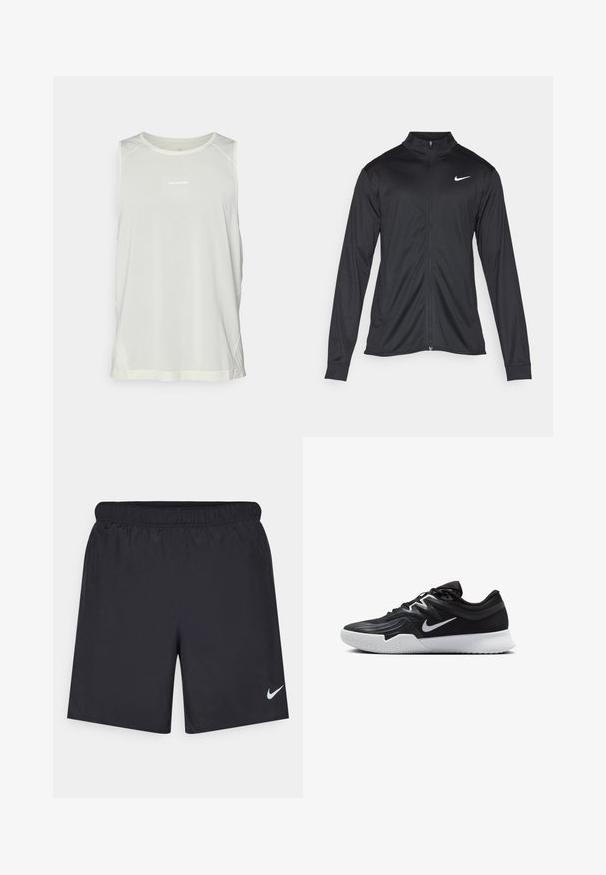 Jachetă sportivă neagră cu mâneci lungi, guler și fermoar complet. Prezintă un logo Nike subtil, alb, pe pieptul din stânga sus. Textură netedă.; Top sportiv fără mâneci de culoare gri deschis, cu o textură din plasă și un decolteu rotund. Prezintă logo-ul "Salomon" pe față.; Pantaloni scurți atletici negri, fabricați dintr-un material ușor, cu un talie elastică. Au un mic logo alb Nike în partea stângă jos.; Pantof sport negru cu un superior texturat, swoosh alb Nike și o tălpică din cauciuc alb. Dispune de un design cu șireturi și o formă dinamică.