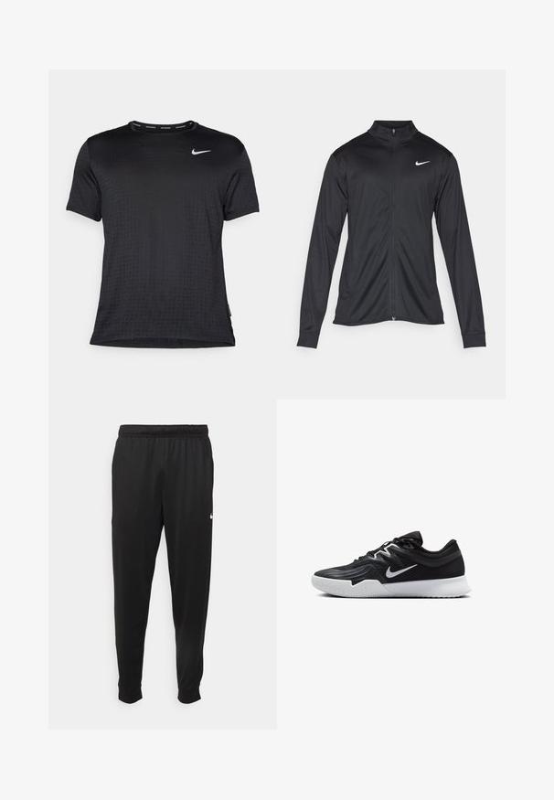 Fekete sportdzseki hosszú ujjal, gallérral és teljes cipzárral. Diszkrét fehér Nike logóval az upper bal mellen. Sima textúra.; Fekete sportpóló, könnyű anyagból készült, textúrázott mintával. Rövid ujjú és kerek nyakkivágású, ezüst Nike logóval a mellrészen.; Fekete sportos nadrág sima anyagból, rugalmas derékkal, szűkülő lábakkal és egy kis fehér logóval a bal oldalon.; Fekete sportcipő texturált felsőrésszel, fehér Nike logóval és fehér gumitalppal. Fűzős kialakítással és dinamikus formával rendelkezik.