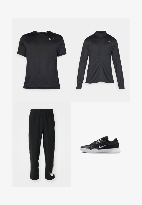 Jacket desportivo preto com mangas longas, colarinho e fecho zip completo. Apresenta um discreto logotipo da Nike em branco na parte superior do lado esquerdo do peito. Textura suave.; T-shirt desportivo preto feito de um tecido leve com um padrão texturizado. Mangas curtas e gola redonda, com o logótipo da Nike em prata no peito.; Calças atléticas pretas com cintura elástica, design afunilado, apresentando um grande logótipo branco da Nike na perna esquerda. Tecido macio e leve.; Sapatilha atlética preta com um cabedal texturizado, swoosh branco da Nike e uma sola de borracha branca. Apresenta um design com atacadores e uma forma dinâmica.