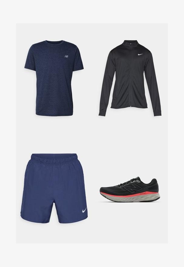 Crna sportska jakna s dugim rukavima, ovratnikom i punim patentnim zatvaračem. Ima suptilan Nike logo u bijeloj boji na gornjem lijevom dijelu prsne oznake. Glatka tekstura.; Tamno plava pamučna majica s kratkim rukavima, okruglim izrezom i malim sivim logotipom na gornjem lijevom dijelu prsiju. Mekana, teksturirana tkanina.; Mornarske plave atletske kratke hlače od laganog materijala. Imaju elastičnu teretnu traku i mali bijeli Nike logo na donjoj lijevoj strani.; Crne trkačke tenisice s mrežastim gornjim dijelom, naglašene ružičastom prugom na srednjem dijelu i sivim potplatom. Sadrže teksturirane detalje i fleksibilan dizajn potplata.