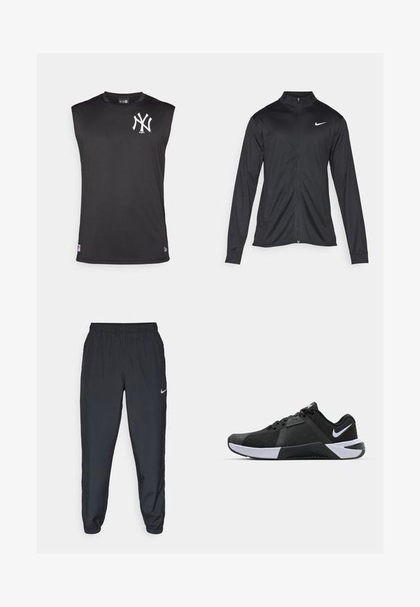 Čierna športová bunda s dlhými rukávmi, golierom a plným zipsom. Obsahuje nenápadné logo Nike v bielej farbe na hornej ľavej hrudi. Hladká textúra.; Čierny bezrukávový tričko vyrobené z hladkej, ľahkej tkaniny. Obsahuje biele logo New York Yankees na ľavej hrudi a jemný štítok s logom NBA.; Čierne teplákové nohavice vyrobené z ľahkého materiálu s elastickým pásom, manžetami na členkoch a diskrétnym logom Nike na ľavej strane.; Nike Performance METCON 10 - Tréningová obuv - black/white/anthracite