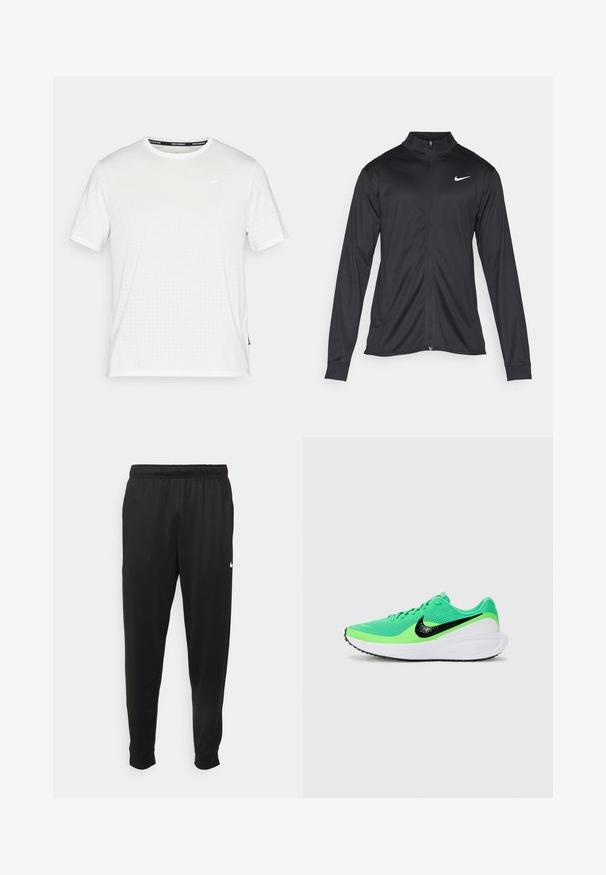 Fekete sportdzseki hosszú ujjal, gallérral és teljes cipzárral. Diszkrét fehér Nike logóval az upper bal mellen. Sima textúra.; Fehér atlétikai rövid ujjú póló, texturált mintával, kerek nyakkivágással és egy kis fekete Nike logóval a mellkason.; Fekete sportos nadrág sima anyagból, rugalmas derékkal, szűkülő lábakkal és egy kis fehér logóval a bal oldalon.; Zöld sportcipő, hálós felsőrésszel, fekete Nike logóval, fehér középtalppal és texturált gumitalppal.