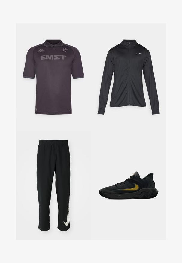 Zwarte sportjack met lange mouwen, kraag en volle rits. Voorzien van een subtiele Nike-logo in het wit op de bovenste linkerborst. Soepele textuur.; Kappa Gara KOMBAT KALLITHEA - Voetbalshirt - black; Zwarte sportbroeken met elastische tailleband, taps toelopend ontwerp, met een groot wit Nike-logo op het linkerbeen. Zachte, lichte stof.; Zwarte en donkergrijze sportschoen met zwarte veters en een gouden swoosh-logo, met een golvend zoolontwerp en een gepolsterde hielkraag.