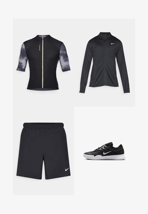 Melna sporta jaka ar garām piedurknēm, apkakli un pilnu rāvējslēdzēju. Uz kreisā krūts augšdaļas ir maigs Nike logo baltā krāsā. Gluda tekstūra.; Īsām piedurknēm velosipēdu krekls ar ribotu melnu ķermeni un strukturētām pelēkām piedurknēm ar izbalējušu rakstu, aprīkots ar priekšējo rāvējslēdzēju un logo.; Melnas sporta šorti, izgatavoti no viegla materiāla, ar elastīgu jostu. Uz apakšējā kreisā stūra ir neliels balts Nike logo.; Melni sporta apavi ar teksturētu virsu, balto Nike zulumu un balto gumijas zoli. Iezīmējas ar auklu pievilkšanas dizainu un dinamisku formu.
