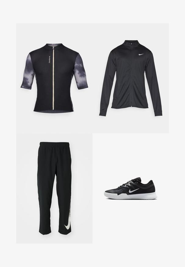 Veste de sport noire à manches longues, avec col et fermeture éclair intégrale. Présente un logo Nike subtil en blanc sur le côté supérieur gauche de la poitrine. Texture lisse.; Maillot de cyclisme à manches courtes avec un corps noir côtelé et des manches grises texturées à motif dégradé, accompagné d'une fermeture éclair à l'avant et d'un logo.; Pantalons de sport noirs avec une ceinture élastique, design fuselé, dotés d'un grand logo Nike blanc sur la jambe gauche. Tissu doux et léger.; Chaussure de sport noire avec une tige texturée, un swoosh blanc de Nike et une semelle extérieure en caoutchouc blanc. Elle présente un design à lacets et une forme dynamique.
