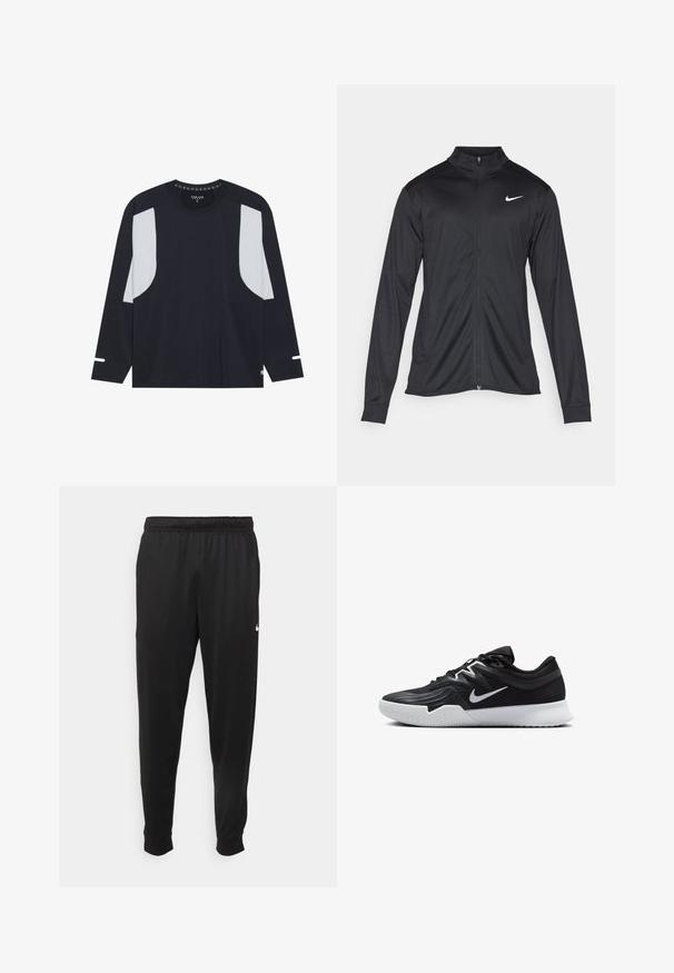 Sort atletisk jakke med lange ærmer, krave og fuld lynlås. Har et diskret Nike-logo i hvidt på den øverste venstre side af brystet. Glat tekstur.; Langærmet sportstrøje i marineblå med lys grå netpaneler på skuldrene, rund halsudskæring og subtile hvide accenter på ærmerne. Blødt, åndbart stof.; Sorte atletiske bukser lavet af glat stof, med elastisk talje, smalnende ben og et lille hvidt logo på venstre side.; Sort atletiksko med en tekstureret overdel, hvid Nike swoosh og en hvid gummisål. Har en snørret design og dynamisk form.