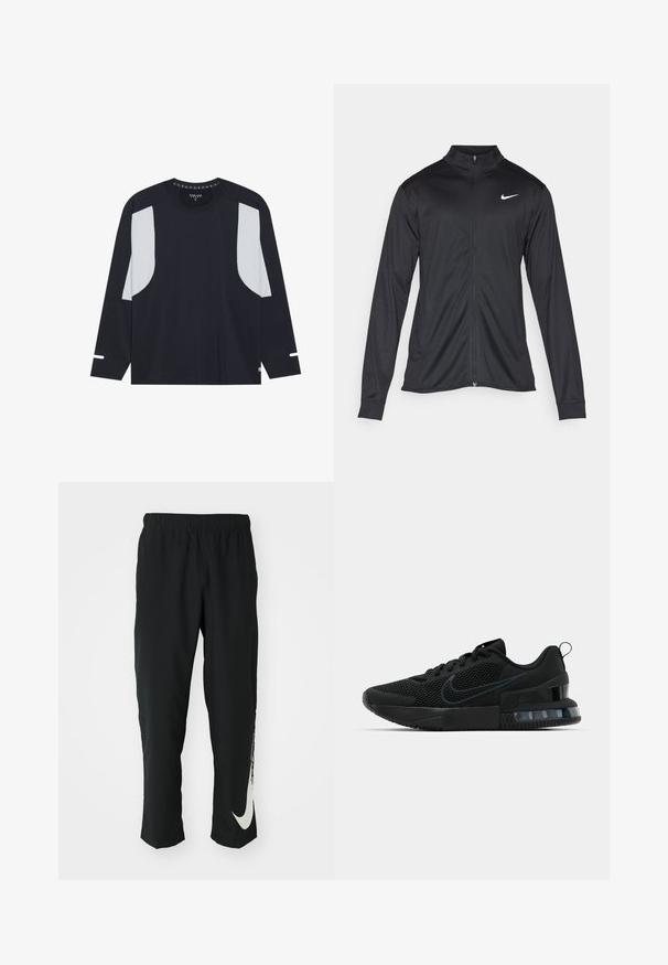 Jacket desportivo preto com mangas longas, colarinho e fecho zip completo. Apresenta um discreto logotipo da Nike em branco na parte superior do lado esquerdo do peito. Textura suave.; Camisola atlética de manga longa em azul marinho com painéis de malha cinza claro nos ombros, gola redonda e discretos detalhes brancos nas mangas. Tecido suave e respirável.; Calças atléticas pretas com cintura elástica, design afunilado, apresentando um grande logótipo branco da Nike na perna esquerda. Tecido macio e leve.; Tênis esportivo Nike preto com parte superior em malha, sola de borracha, colarinho acolchoado e um distinto detalhe transparente no calcanhar.