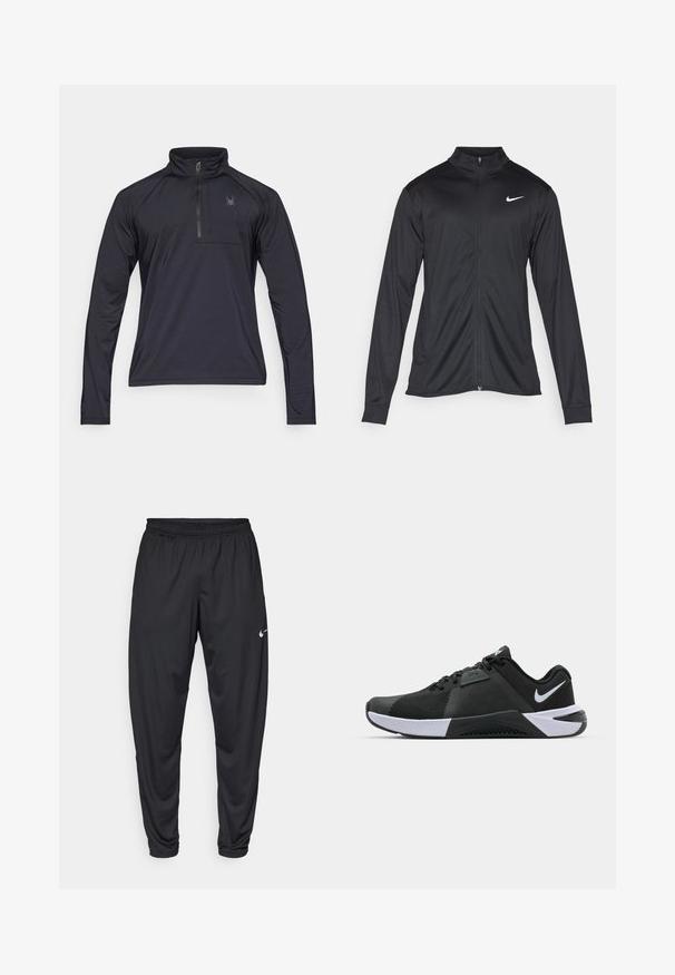 Zwarte sportjack met lange mouwen, kraag en volle rits. Voorzien van een subtiele Nike-logo in het wit op de bovenste linkerborst. Soepele textuur.; Zwarte langemouwen quarter-zip pullover van lichtgewicht, textuurstof. Bevat een klein borstzakje en een geborduurd logo.; Zwarte sportbroeken met een elastische tailleband, taps toelopende pijpen en een klein wit Nike-logo op de linker bovenbeen. Glad stof, zonder patronen.; Nike Performance METCON 10 - Trainingsschoen - black/white/anthracite