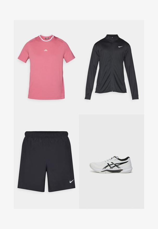 Juodas sportinis švarkas su ilgomis rankovėmis, apykakle ir pilnu užtrauktuku. Yra subtilus baltas Nike logotipas kairėje krūtinės pusėje. Lygus tekstūra.; Šviesiai rožinė trumpomis rankovėmis, apvalios kaklo T-shirt, ant krūtinės turi baltą logotipą ir baltus akcentus ant apykaklės. Lygus paviršius.; Juodos sportinės šortai, pagaminti iš lengvos medžiagos, su elastingu juosmeniu. Ant apatinės kairės pusės yra mažas baltas Nike logotipas.; Balti sportiniai batai su tinklinėmis viršutinėmis dalimis, juodomis akcentinėmis juostelėmis, tekstūruotu padu ir lenkta konstrukcija, užtikrinančia paramą ir komfortą.