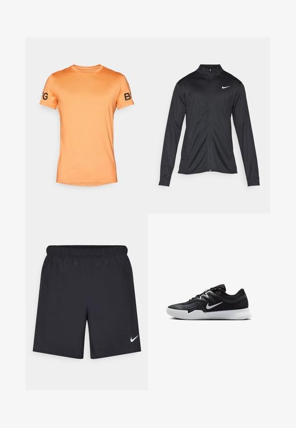 Svart idrettsjakke med lange ermer, krage og full glidelås. Har en subtil Nike-logo i hvitt på øvre venstre bryst. Glatt tekstur.; Kortermet t-skjorte i lys oransje, glatt tekstur, rund hals, med svart skrift "BFG" på venstre erme.; Svart sportskjørt laget av lett materiale med elastisk linning. Har en liten hvit Nike-logo nederst til venstre.; Svart treningssko med teksturert overdel, hvit Nike-swoosh og hvit gummisåle. Har snøring og en dynamisk form.