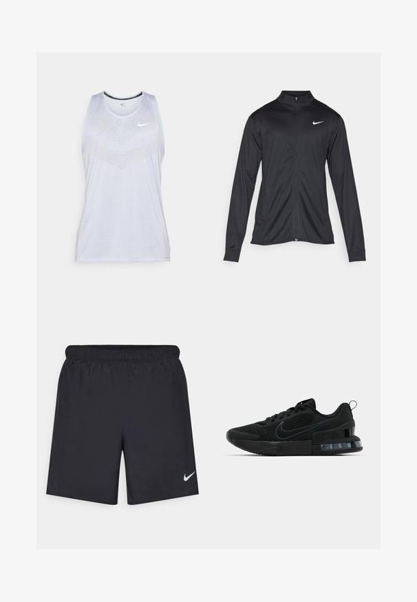 Giacca sportiva nera con maniche lunghe, colletto e zip completa. Presenta un logo Nike in bianco sulla parte superiore del lato sinistro del petto. Tessuto morbido.; Canotta bianca Nike con collo rotondo, design senza maniche e motivo a trama sulla parte frontale, con un piccolo logo vicino alla spalla.; Shorts sportivi neri realizzati in materiale leggero con vita elastica. Presentano un piccolo logo Nike bianco sul lato sinistro in basso.; Sneakers nere Nike con tomaia in mesh, suola testurizzata e unità aria visibile nel tallone. Accenti e logo in una tonalità di nero più scura.