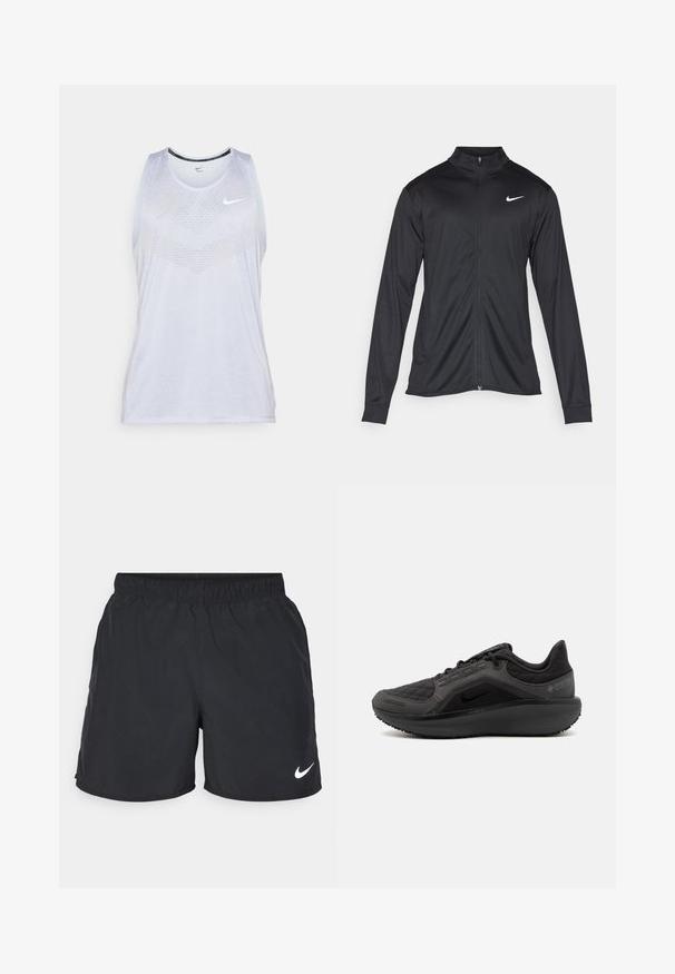 Čierna športová bunda s dlhými rukávmi, golierom a plným zipsom. Obsahuje nenápadné logo Nike v bielej farbe na hornej ľavej hrudi. Hladká textúra.; Biely dámsky top Nike bez rukávov s okrúhlym výstrihom a textúrovaným vzorom vpredu, s malým logom blízko ramena.; Čierne športové šortky vyrobené z ľahkej látky, s elastickým pásom a bielym logom Nike na dolnej ľavej strane.; Čierna športová obuv s textúrovaným prešívaným zvrškom, elegantným dizajnom a čiernou gumovou podrážkou. Obsahuje viditeľné logo a značku Gore-Tex.