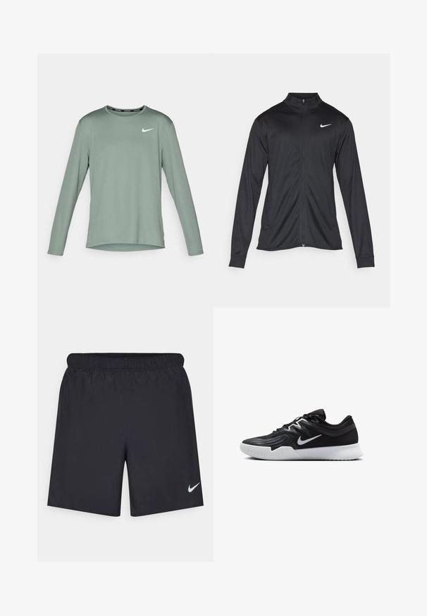 Svart idrottsjacka med långa ärmar, krage och full dragkedja. Har en diskret Nike-logga i vitt på övre vänstra bröstet. Slät yta.; Långärmad träningsskjorta i dämpad grön färg, med rund halsringning och en vit Nike-logotyp på vänster bröst. Mjuk textur.; Svarta träningsshorts gjorda av lätt material med elastisk midja. Har en liten vit Nike-logotyp på nedre vänstra sidan.; Svarta träningsskor med en texturerad ovandel, vit Nike-logga och en vit gummisula. Har snörningsdesign och en dynamisk form.