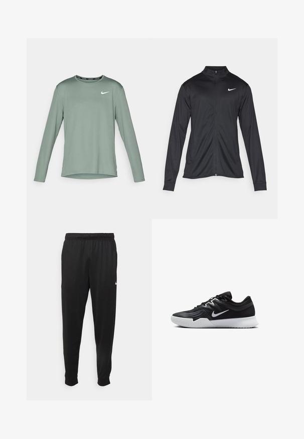 Černá sportovní bunda s dlouhými rukávy, límcem a plným zipem. Má decentní bílou logo značky Nike na horní levé části hrudi. Hladká textura.; Dlouhý rukáv sportovního trička v tlumené zelené barvě, s kulatým výstřihem a bílým logem Nike na levé části hrudi. Hladká textura.; Černé sportovní kalhoty vyrobené z hladké tkaniny, s elastickým pasem, zúženými nohavicemi a malým bílým logem na levé straně.; Černá atletická bota s texturovaným svrškem, bílým logem Nike a bílou gumovou podrážkou. Disponuje šněrovacím designem a dynamickým tvarem.