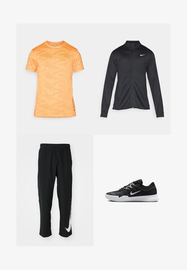 Must värvi sportlik jakk pikkade varrukatega, krae ja täispikk tõmblukk. Ülemises vasakus rinnas on diskreetne valge Nike logo. Sile tekstuur.; Oranžist kamuflaažiga lühikeste varrukatega t-särk, millel on ümar kaelus ja peene tekstuuriga kangas. Küljel lõhiku detail servas. Kerge disain.; Mustad mustad sportlikud püksid elastse vöökohtadega, kitseneva disainiga, millel on vasakul jalal suur valge Nike logo. Pehme, kerge kangas.; Must mustad jalanikesad rikaste ülaservaga, valge Nike swoosh'i ja valge kummist välispõhjaga. Omab paeltega sulgemisdetaili ja dünaamilist kuju.