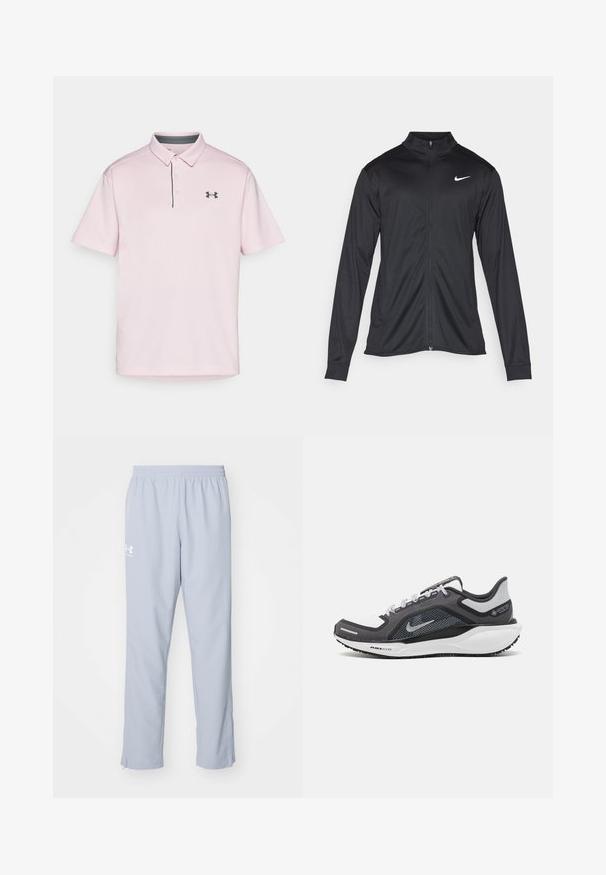 Giacca sportiva nera con maniche lunghe, colletto e zip completa. Presenta un logo Nike in bianco sulla parte superiore del lato sinistro del petto. Tessuto morbido.; Polo rosa realizzato in tessuto testurizzato, con colletto, due bottoni e un accento grigio scuro sul colletto e un logo nero sul petto.; Pantaloni sportivi azzurri chiari con cintura elastica, tasche laterali e zip alle caviglie. Presenta un logo bianco sulla coscia sinistra.; Scarpa da ginnastica nera e grigia con tomaia in rete, dettagli riflettenti e intersuola bianca. Presenta una suola in gomma testurizzata e lacci.