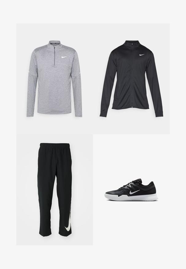 Jachetă sportivă neagră cu mâneci lungi, guler și fermoar complet. Prezintă un logo Nike subtil, alb, pe pieptul din stânga sus. Textură netedă.; Tricou gri cu mânecă lungă și guler cu fermoar pe jumătate, realizat dintr-un material texturat. Prezintă un logo alb Nike pe piept și pe mâneci.; Pantaloni sport negri cu talie elastică, design conic, având un mare logo alb Nike pe piciorul stâng. Material moale, ușor.; Pantof sport negru cu un superior texturat, swoosh alb Nike și o tălpică din cauciuc alb. Dispune de un design cu șireturi și o formă dinamică.