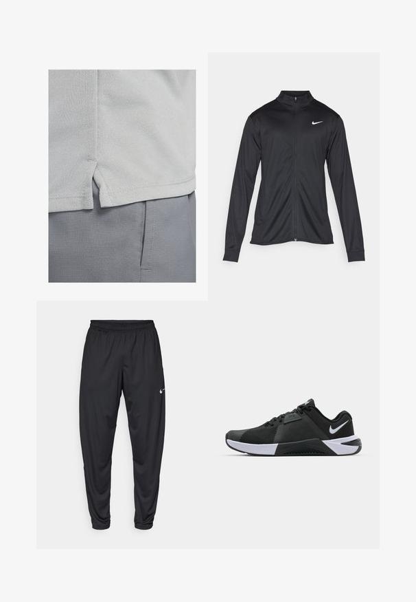 Svart idrettsjakke med lange ermer, krage og full glidelås. Har en subtil Nike-logo i hvitt på øvre venstre bryst. Glatt tekstur.; Nike Performance MILER - Topper langermet - grey fog/particle grey/htr/(reflective silv); Svarte treningbukser med elastisk midje, avsmalnende ben og en liten hvit Nike-logo på venstre lår. Glatt stoff, ingen mønstre.; Nike Performance METCON 10 - Treningssko - black/white/anthracite