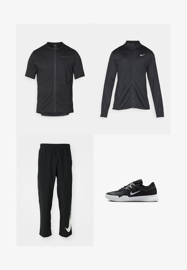 Melna sporta jaka ar garām piedurknēm, apkakli un pilnu rāvējslēdzēju. Uz kreisā krūts augšdaļas ir maigs Nike logo baltā krāsā. Gluda tekstūra.; Melna īsām piedurknēm domāta velodrošības krekls ar rāvējslēdzēju priekšā, izgatavots no viegla auduma. Tam ir minimāls dizains ar izspiestu logo uz krūtīm.; Melni sporta bikses ar elastīgu jostasvīru, ar sašaurinātu dizainu, kurām uz kreisā kājas gabala ir liels balts Nike logo. Mīksts, viegls audums.; Melni sporta apavi ar teksturētu virsu, balto Nike zulumu un balto gumijas zoli. Iezīmējas ar auklu pievilkšanas dizainu un dinamisku formu.