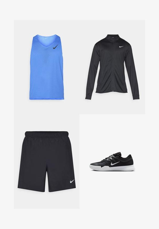 Čierna športová bunda s dlhými rukávmi, golierom a plným zipsom. Obsahuje nenápadné logo Nike v bielej farbe na hornej ľavej hrudi. Hladká textúra.; Modrá sieťová tielko s okrúhlym výstrihom a kontrastným čiernym logom Nike. Obsahuje perforovaný dizajn pre ventiláciu a pohyb.; Čierne atletické šortky z ľahkého materiálu s elastickým pásom. Na dolnej ľavej strane majú malé biele logo Nike.; Čierna športová topánka s textúrovaným zvrškom, bielym logom Nike a bielou gumovou podrážkou. Má šnurovací dizajn a dynamický tvar.