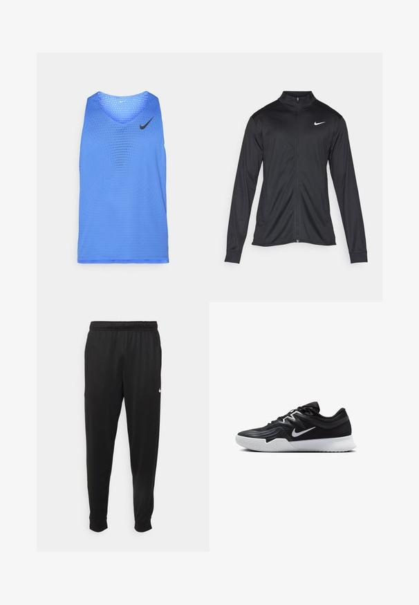 Czarna sportowa kurtka z długimi rękawami, kołnierzem i pełnym zamkiem. Posiada subtelne logo Nike w białym kolorze na lewej górnej części klatki piersiowej. Gładka tekstura.; Niebieski siatkowy top bez rękawów z okrągłym dekoltem i kontrastowym czarnym logo Nike. Charakteryzuje się perforowanym wzorem dla wentylacji i swobody ruchów.; Czarne sportowe spodnie wykonane z gładkiego materiału, z elastycznym pasem, zwężanymi nogawkami i małym białym logo po lewej stronie.; Czarne buty sportowe z teksturowaną cholewką, białym logo Nike i białą gumową podeszwą. Charakteryzują się sznurowanym zapięciem i dynamicznym kształtem.