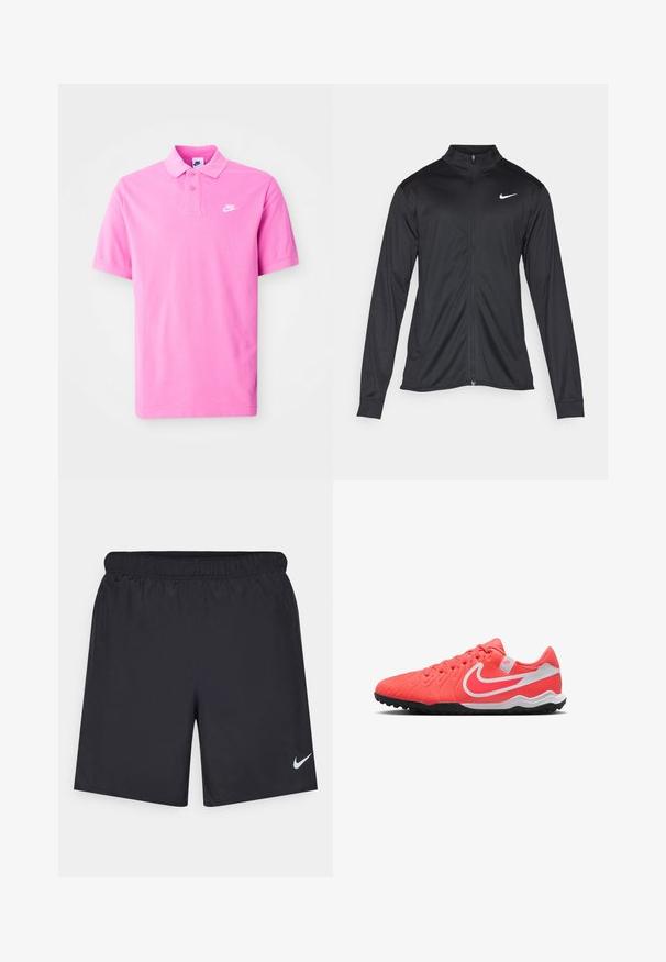 Μαύρο αθλητικό μπουφάν με μακριά μανίκια, γιακά και πλήρη φερμουάρ. Διαθέτει ένα διακριτικό λευκό λογότυπο της Nike στη πάνω αριστερή πλευρά του στήθους. Λείος υφασμάτινος χαρακτήρας.; Ροζ πόλο μπλούζα Nike, κοντά μανίκια, κλασικό γιακά, με δύο κουμπάκια στη στεφάνη, και λευκό λογότυπο στην αριστερή πλευρά του στήθους. Μαλακή υφή υφάσματος.; Μαύρες αθλητικές βερμούδες από ελαφρύ υλικό με ελαστική μέση. Διαθέτουν ένα μικρό λευκό λογότυπο Nike στην κάτω αριστερή πλευρά.; Παπούτσια ποδοσφαίρου Nike σε ζωντανό κοραλλί χρώμα με λευκές λεπτομέρειες. Διαθέτουν υφή στην επάνω επιφάνεια, στρογγυλή μύτη και ανθεκτική μαύρη καουτσούκ σόλα σχεδιασμένη για πρόσφυση.