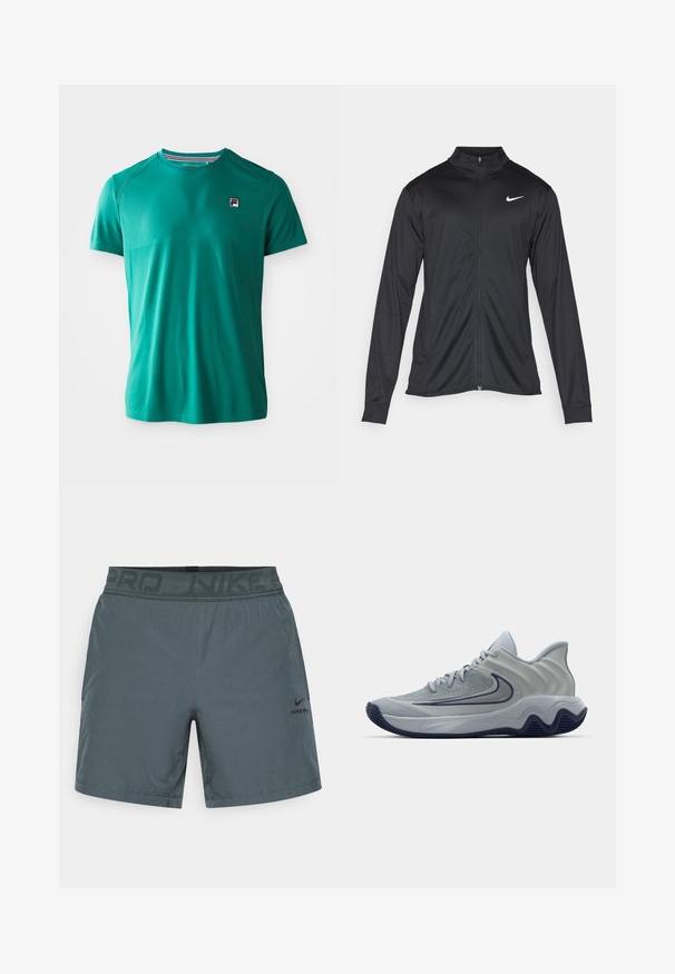 Jacket desportivo preto com mangas longas, colarinho e fecho zip completo. Apresenta um discreto logotipo da Nike em branco na parte superior do lado esquerdo do peito. Textura suave.; T-shirt atlético de manga curta na cor verde-água com gola redonda e pequeno logotipo FILA no lado esquerdo do peito, exibido sobre um fundo branco liso.; Calções atléticos cinzentos feitos de tecido leve, com uma cintura elástica com "NIKE PRO" impresso e um pequeno logótipo na lateral.; Sapatilha atlética cinza com parte superior texturizada, acentos geométricos, colarinho almofadado e sola de borracha com um design ondulado. Logótipo da Nike visível.