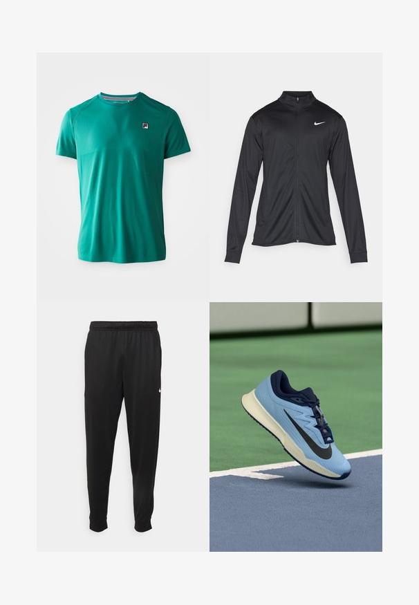 Svart idrettsjakke med lange ermer, krage og full glidelås. Har en subtil Nike-logo i hvitt på øvre venstre bryst. Glatt tekstur.; Teal kortermet treningst-skjorte med rund hals og liten FILA-logo på venstre bryst, vist på en enkel hvit bakgrunn.; Svarte treningsbukser laget av glatt stoff, med elastisk midje, smale ben og en liten hvit logo på venstre side.; Lys blå idrettssko med marineblå detaljer, teksturert mesh-overdel og svart Swoosh-logo. Har en polstret midtsåle og gummisåle.