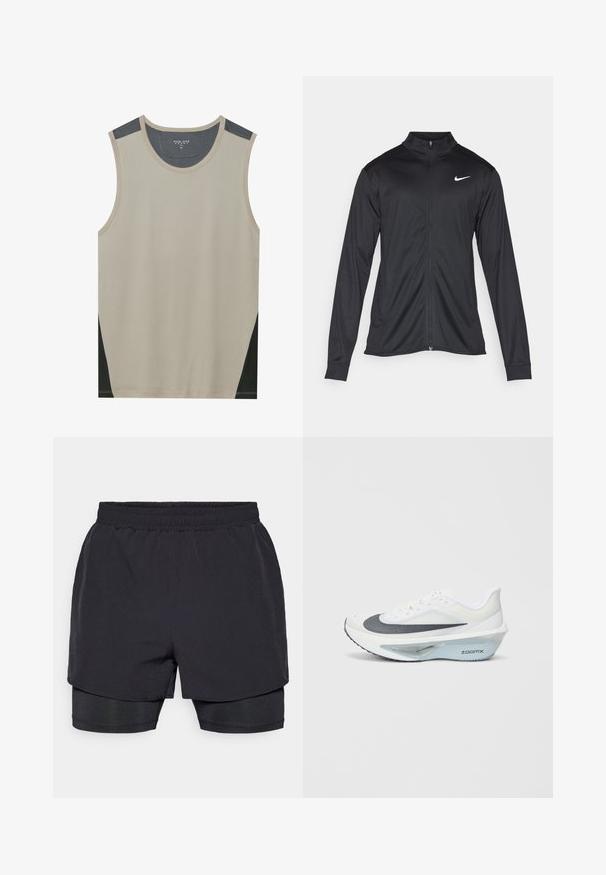 Sort atletisk jakke med lange ærmer, krave og fuld lynlås. Har et diskret Nike-logo i hvidt på den øverste venstre side af brystet. Glat tekstur.; Beige ærmeløs tanktop med mørkegrå skulderdetaljer og sorte sidelapper. Glat tekstur med en rund halsudskæring.; Sorte atletiske shorts med elastisk talje, lagdelt design og tætsiddende inderslag. Glat tekstur, designet til komfort.; Hvid atletiksko med en grå mesh-overdel, en blå ZoomX skum mellemsål og en buet ydersål for forbedret fremdrift og komfort.