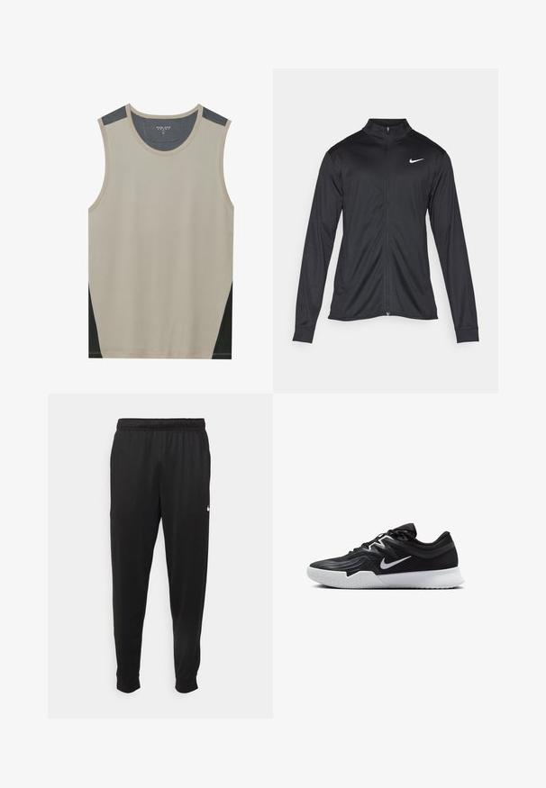Černá sportovní bunda s dlouhými rukávy, límcem a plným zipem. Má decentní bílou logo značky Nike na horní levé části hrudi. Hladká textura.; Béžový bezrukávový top s tmavě šedými ramenními akcenty a černými bočními panely. Hladká textura s kulatým výstřihem.; Černé sportovní kalhoty vyrobené z hladké tkaniny, s elastickým pasem, zúženými nohavicemi a malým bílým logem na levé straně.; Černá atletická bota s texturovaným svrškem, bílým logem Nike a bílou gumovou podrážkou. Disponuje šněrovacím designem a dynamickým tvarem.