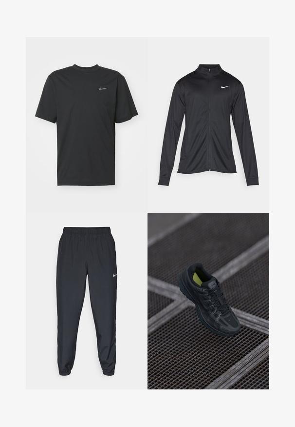 Black athletic jacket with long sleeves, collar, and full zipper. Features a subtle Nike logo in white on the upper left chest. Smooth texture.; Nike Performance HYVERSE TOP - Sports T-shirt - black; Black track pants made from lightweight fabric with an elastic waistband, ankle cuffs, and a discreet Nike logo on the left side.; Black athletic shoe with mesh and synthetic upper, textured sole, and neon green accents inside. Features laces and a prominent logo.