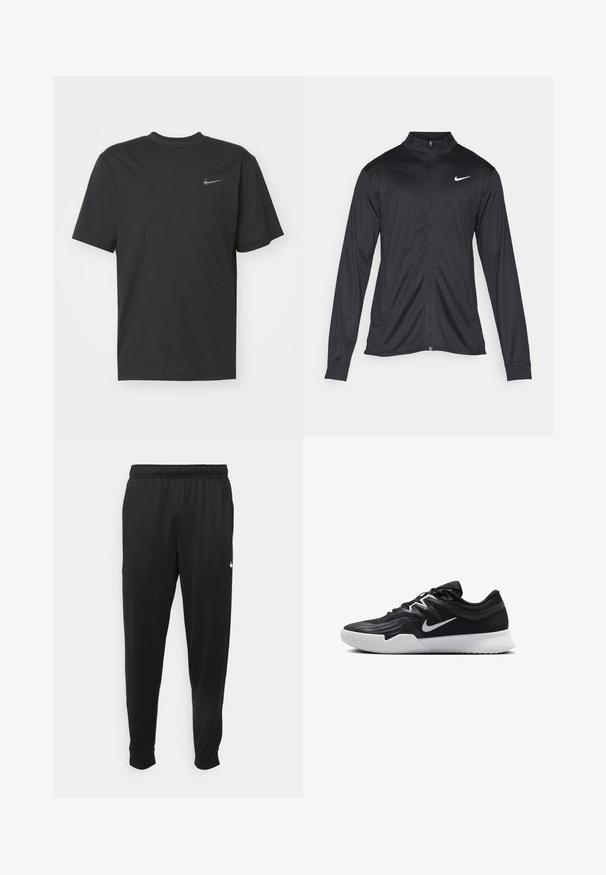 Black athletic jacket with long sleeves, collar, and full zipper. Features a subtle Nike logo in white on the upper left chest. Smooth texture.; Nike Performance HYVERSE TOP - Sports T-shirt - black; Black athletic pants made of smooth fabric, featuring an elastic waistband, tapered legs, and a small white logo on the left side.; Black athletic shoe with a textured upper, white Nike swoosh, and a white rubber outsole. Features a lace-up design and dynamic shape.