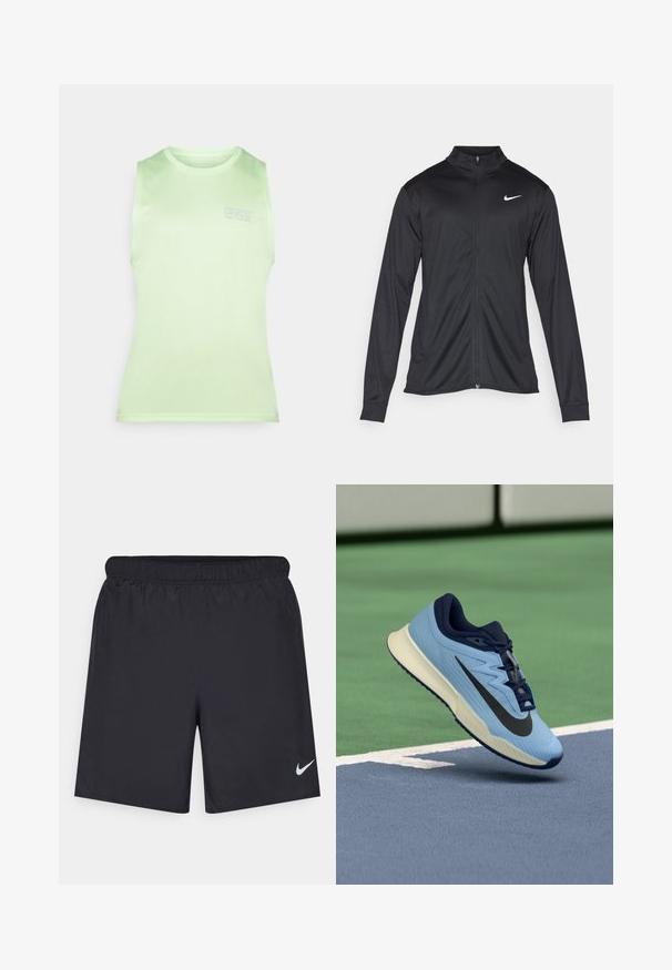 Črna atletska jakna z dolgimi rokavi, ovratnikom in polnim zadrgo. Vključuje diskreten bel Nike logotip na zgornjem levem delu prsnega koša. Gladka tekstura.; Svetlozelena brezrokavna majica iz gladkega materiala, ki ima okroglo ovratnico in subtilen logotip "CNZ" natisnjen spredaj.; Črne atletske kratke hlače iz lahkotnega materiala z elastičnim pasom. Imajo majhen bel Nike logo na spodnji levi strani.; Svetlo modra športna čevlja z mornarsko modrimi poudarki, teksturirano mrežasto zgornjo plastjo in črnim logotipom Swoosh. Imajo oblazinjen srednji del in gumijast podplat.
