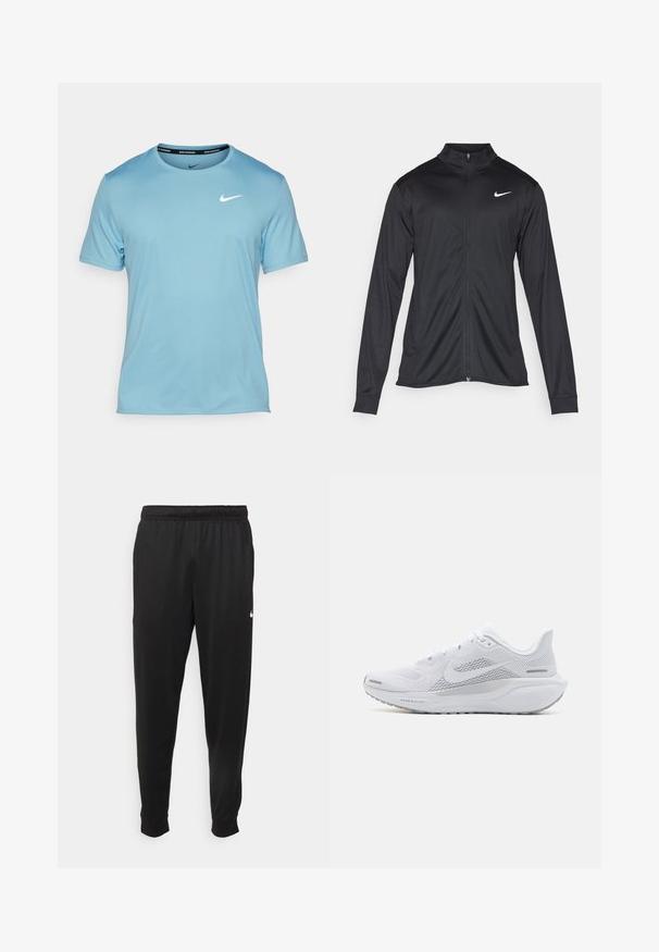 Fekete sportdzseki hosszú ujjal, gallérral és teljes cipzárral. Diszkrét fehér Nike logóval az upper bal mellen. Sima textúra.; Nike Performance MILER - Sportfelső - denim turq/(reflective silv); Fekete sportos nadrág sima anyagból, rugalmas derékkal, szűkülő lábakkal és egy kis fehér logóval a bal oldalon.; Fehér sportcipő, hálós felsőrésszel, sima textúrájú díszítőelemekkel, szürke akcentusokkal, fűzőkkel, és párnázott talppal, amely a teljesítmény érdekében készült.